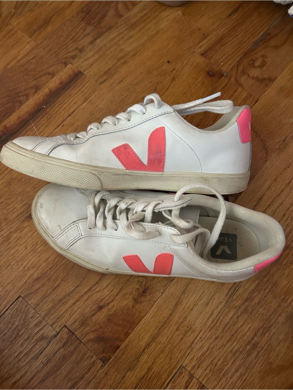 Veja White Sneakers with Pink V and Heel Tab